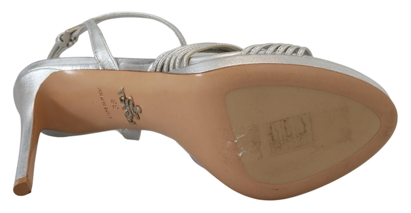 Prada Sandalias de piel plateada con tira al tobillo y tacón de aguja