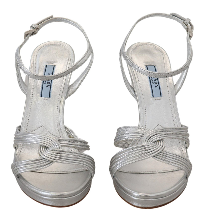 Prada Sandalias de piel plateada con tira al tobillo y tacón de aguja