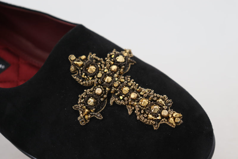 Dolce & Gabbana Mocasines negros de ante sin cordones con cruz dorada