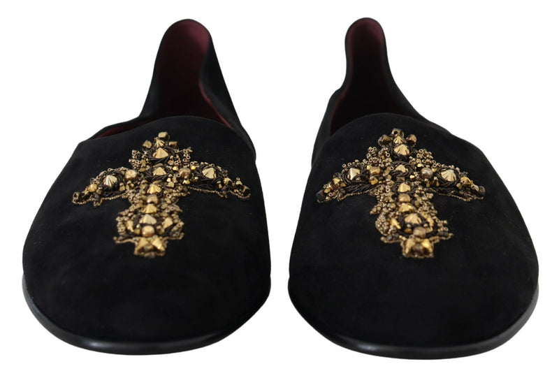 Dolce & Gabbana Mocasines negros de ante sin cordones con cruz dorada