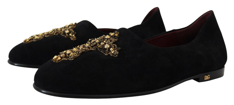 Dolce & Gabbana Mocasines negros de ante sin cordones con cruz dorada