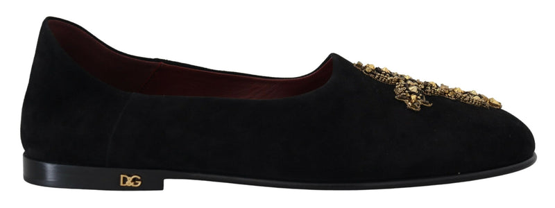 Dolce & Gabbana Mocasines negros de ante sin cordones con cruz dorada