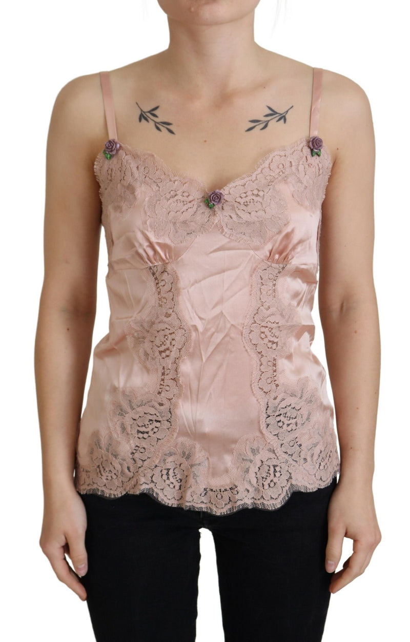 Top lingerie rosa in raso con pizzo e rose Dolce & Gabbana