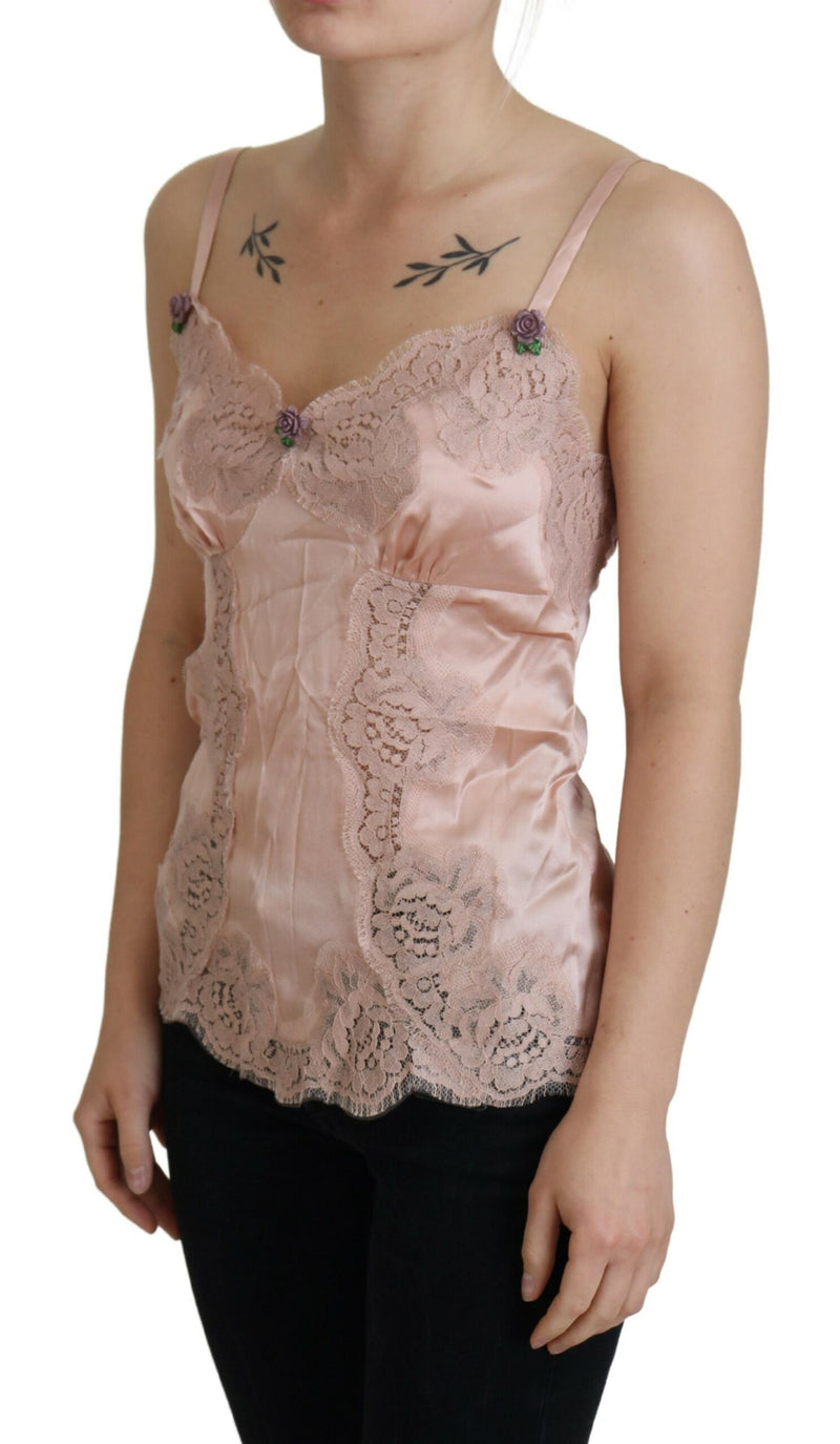 Top lingerie rosa in raso con pizzo e rose Dolce & Gabbana