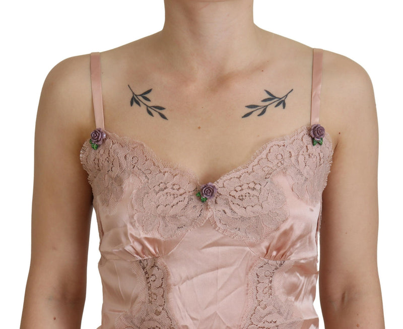 Top lingerie rosa in raso con pizzo e rose Dolce & Gabbana