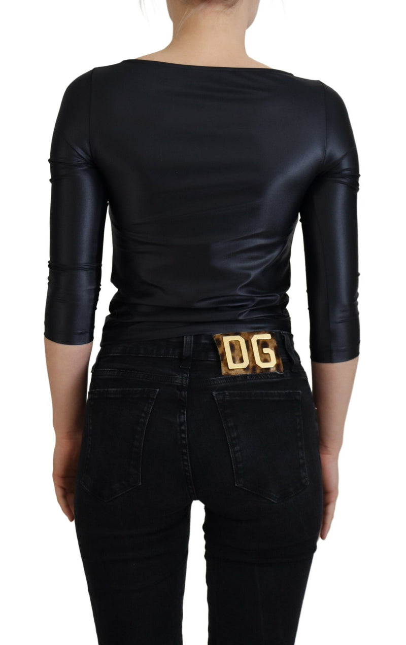 Blusa Dolce & Gabbana preta de algodão com elastano, decote aberto e mangas 3/4