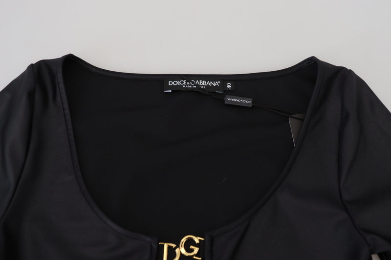 Blusa Dolce & Gabbana preta de algodão com elastano, decote aberto e mangas 3/4