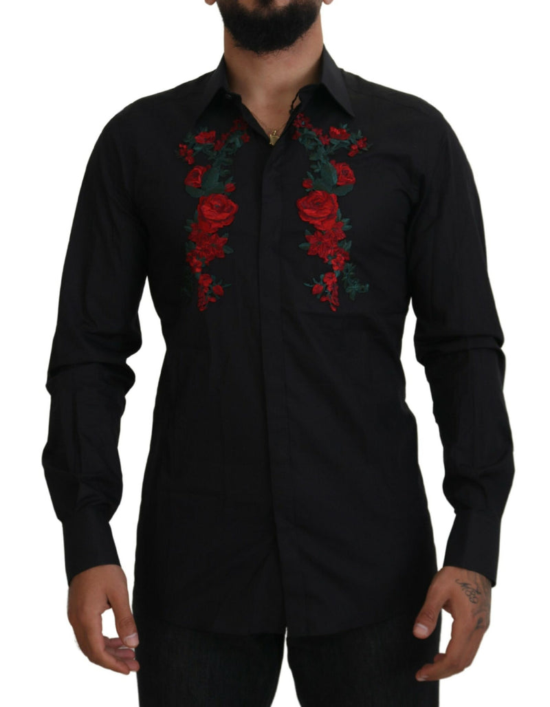 Camisa masculina Dolce & Gabbana preta, com bordado floral, mangas longas e detalhes dourados