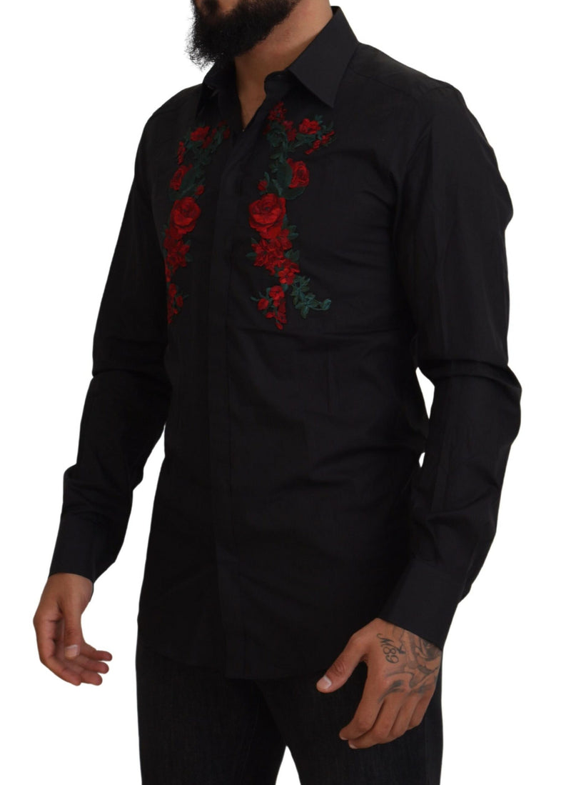 Camisa masculina Dolce & Gabbana preta, com bordado floral, mangas longas e detalhes dourados