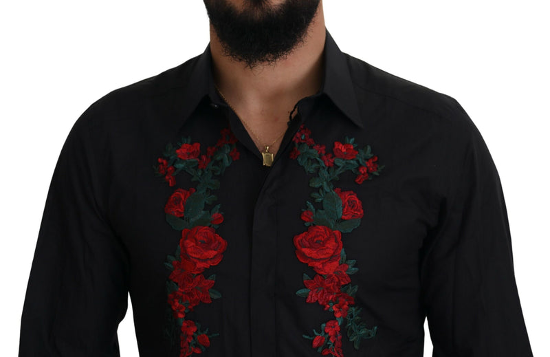 Camisa masculina Dolce & Gabbana preta, com bordado floral, mangas longas e detalhes dourados