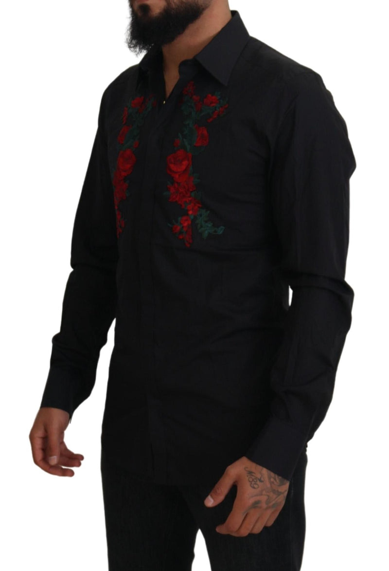Camisa masculina Dolce & Gabbana preta, com bordado floral, mangas longas e detalhes dourados