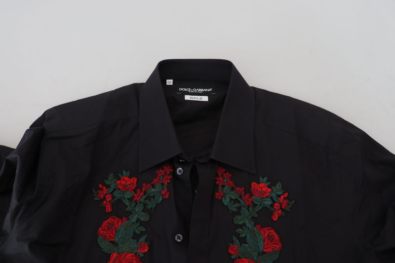 Camisa masculina Dolce & Gabbana preta, com bordado floral, mangas longas e detalhes dourados