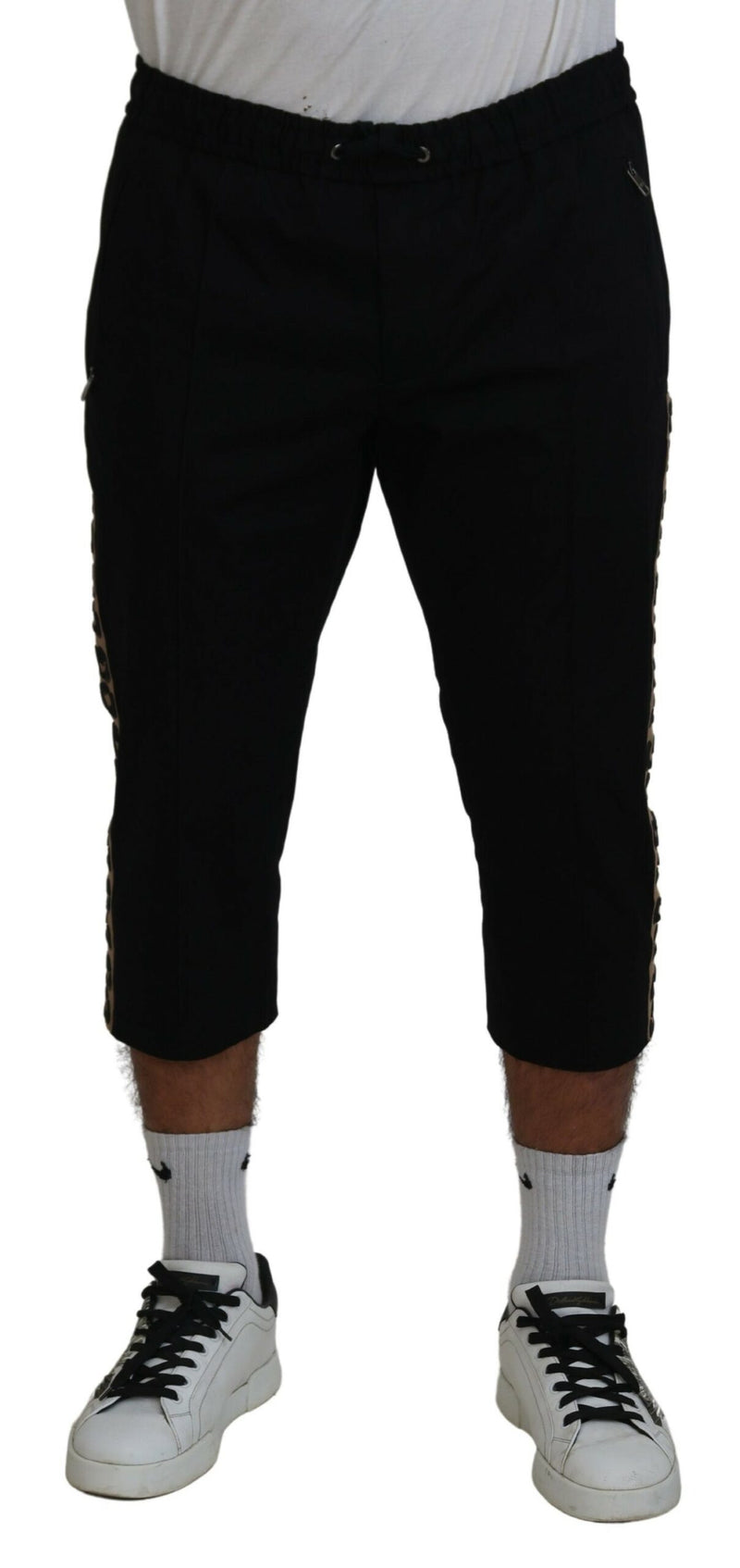 Pantaloni cropped Dolce & Gabbana neri in cotone con vita elasticizzata e logo DG