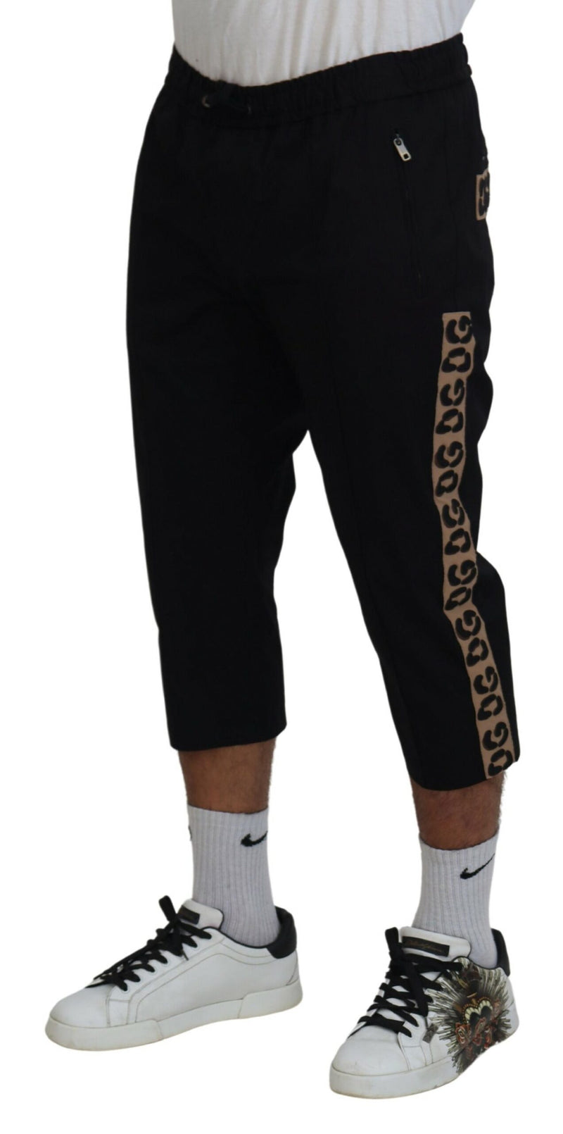 Pantaloni cropped Dolce & Gabbana neri in cotone con vita elasticizzata e logo DG