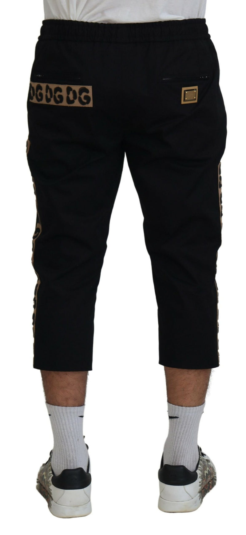 Pantaloni cropped Dolce & Gabbana neri in cotone con vita elasticizzata e logo DG