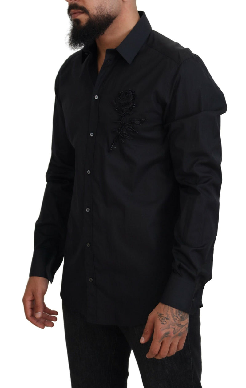 Camicia Dolce & Gabbana nera in cotone con rose, vestibilità slim