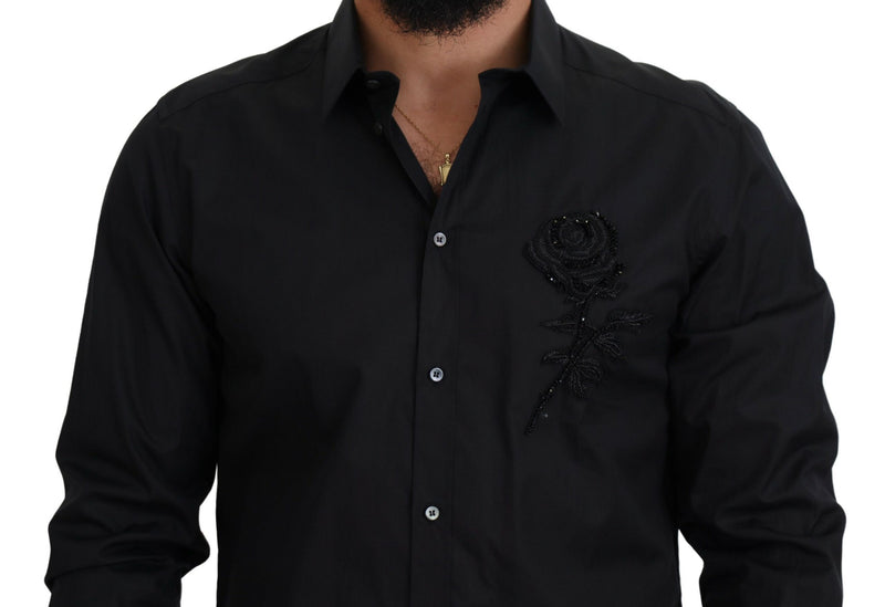 Camicia Dolce & Gabbana nera in cotone con rose, vestibilità slim