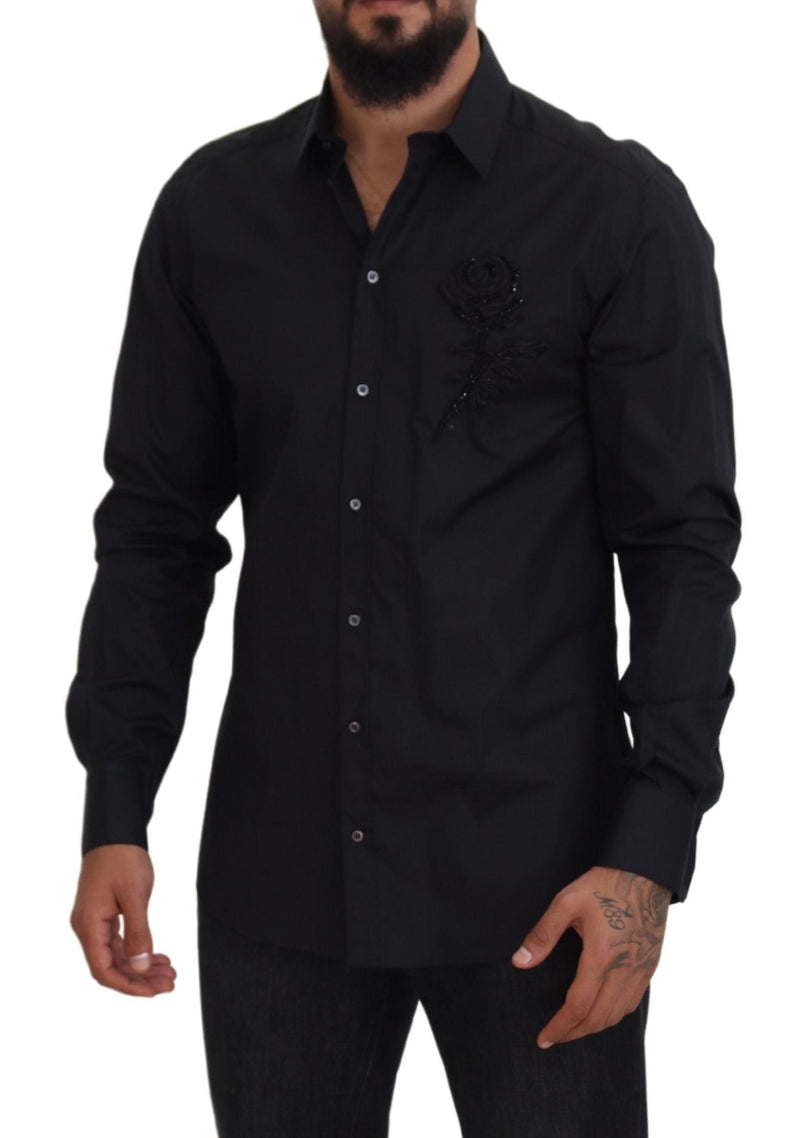 Camicia Dolce & Gabbana nera in cotone con rose, vestibilità slim
