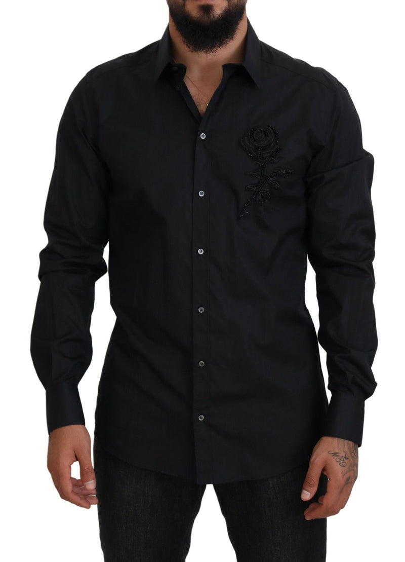 Camicia Dolce & Gabbana nera in cotone con rose, vestibilità slim