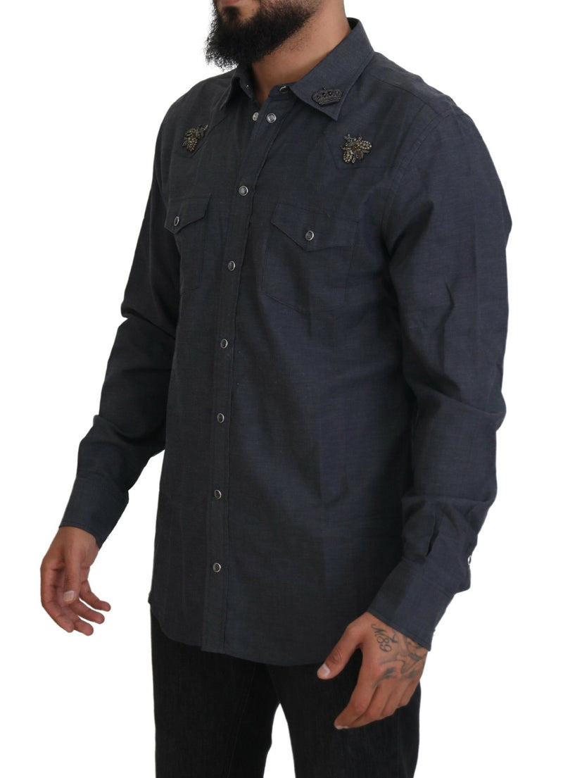 Camisa Dolce & Gabbana azul de denim de algodão com abelha de cristal