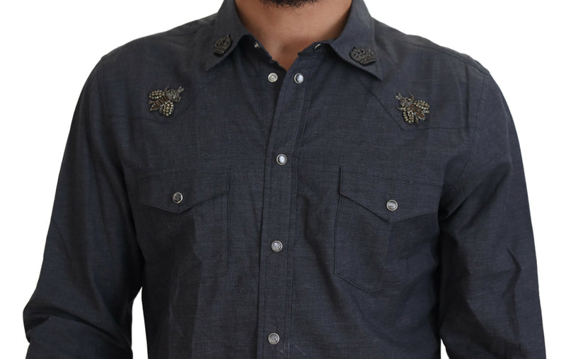 Camisa Dolce & Gabbana azul de denim de algodão com abelha de cristal