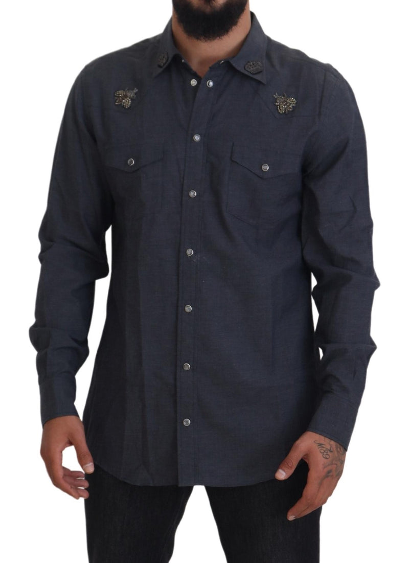 Camisa Dolce & Gabbana azul de denim de algodão com abelha de cristal