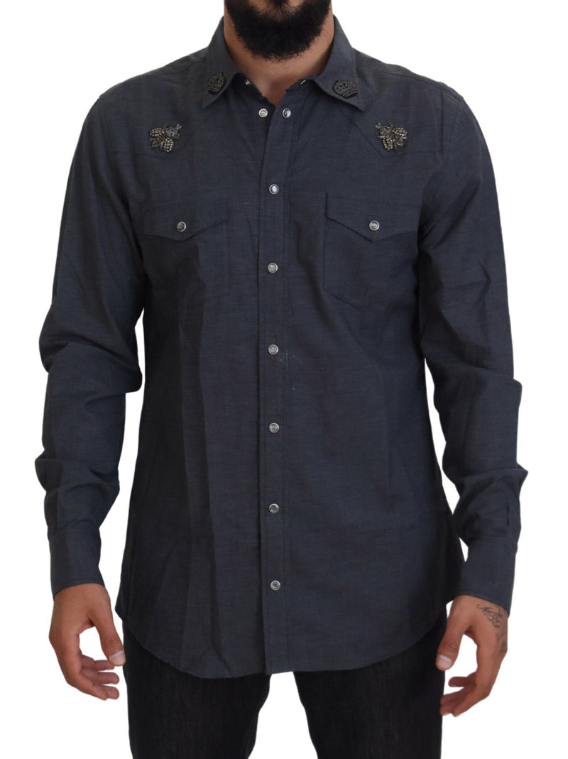 Camisa Dolce & Gabbana azul de denim de algodão com abelha de cristal