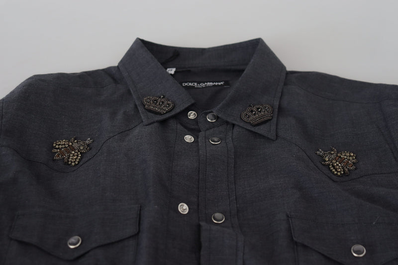 Camisa Dolce & Gabbana azul de denim de algodão com abelha de cristal