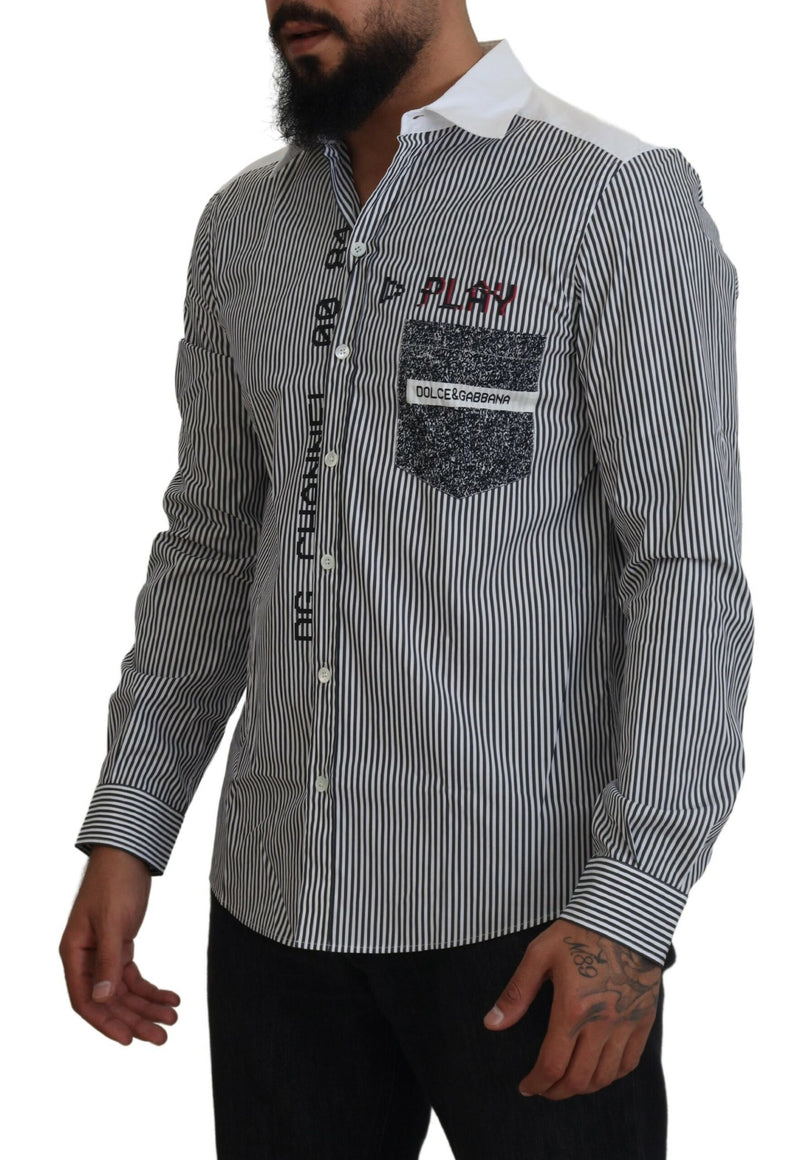 Camisa Dolce & Gabbana cinza e branca listrada de corte slim
