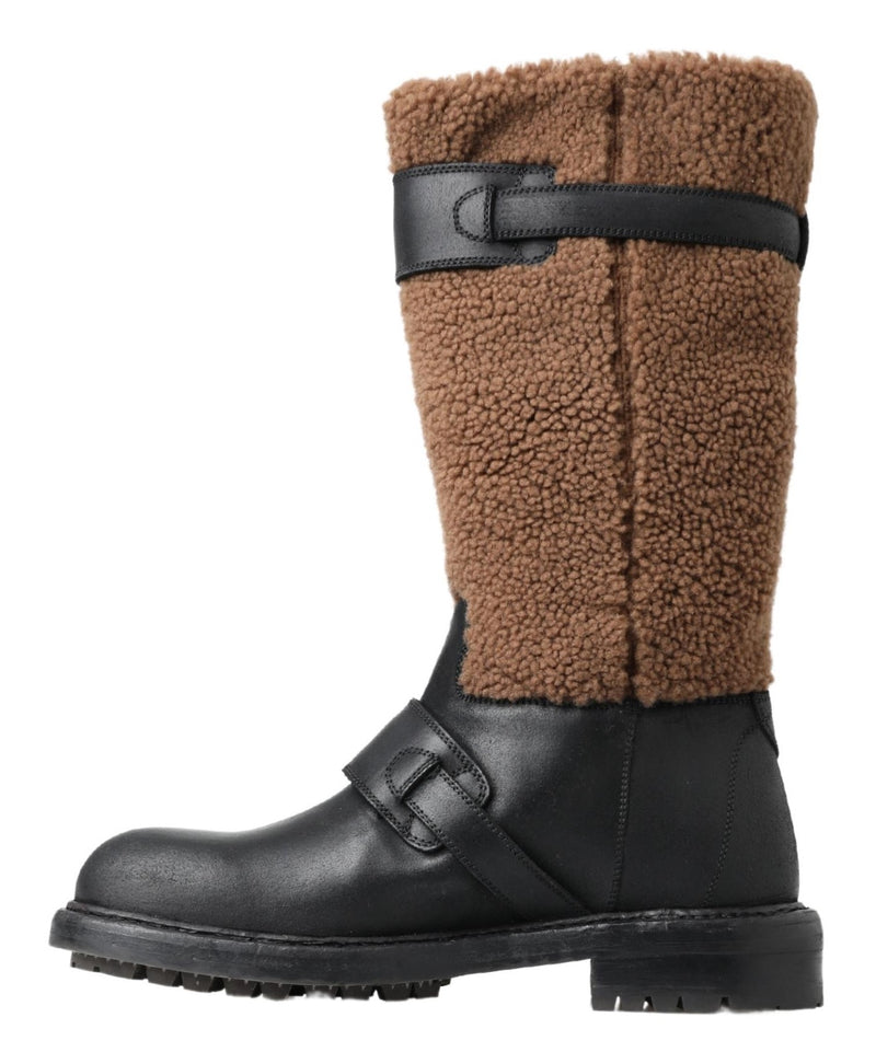 Botas em couro preto com forro de pele de carneiro marrom Dolce & Gabbana