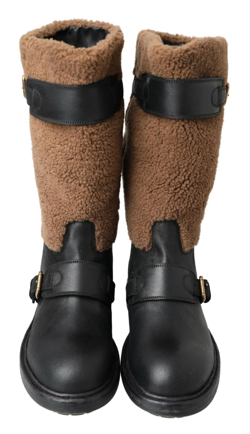 Botas em couro preto com forro de pele de carneiro marrom Dolce & Gabbana
