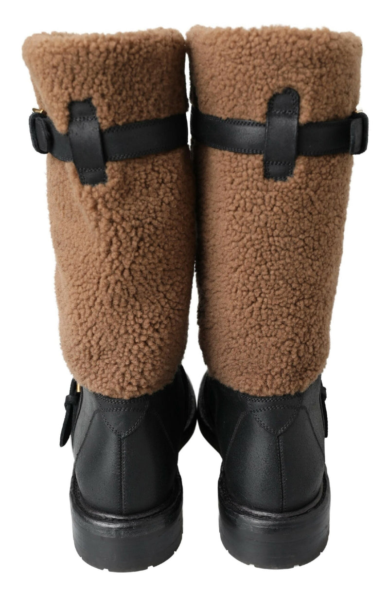 Botas em couro preto com forro de pele de carneiro marrom Dolce & Gabbana