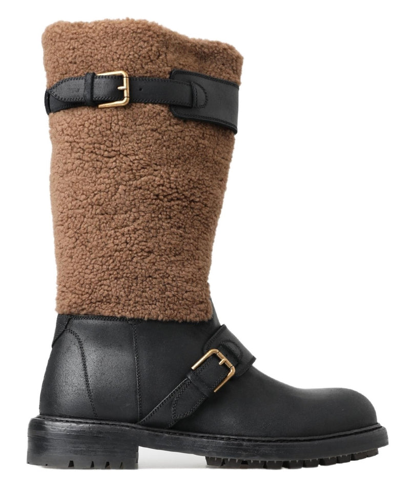 Botas em couro preto com forro de pele de carneiro marrom Dolce & Gabbana
