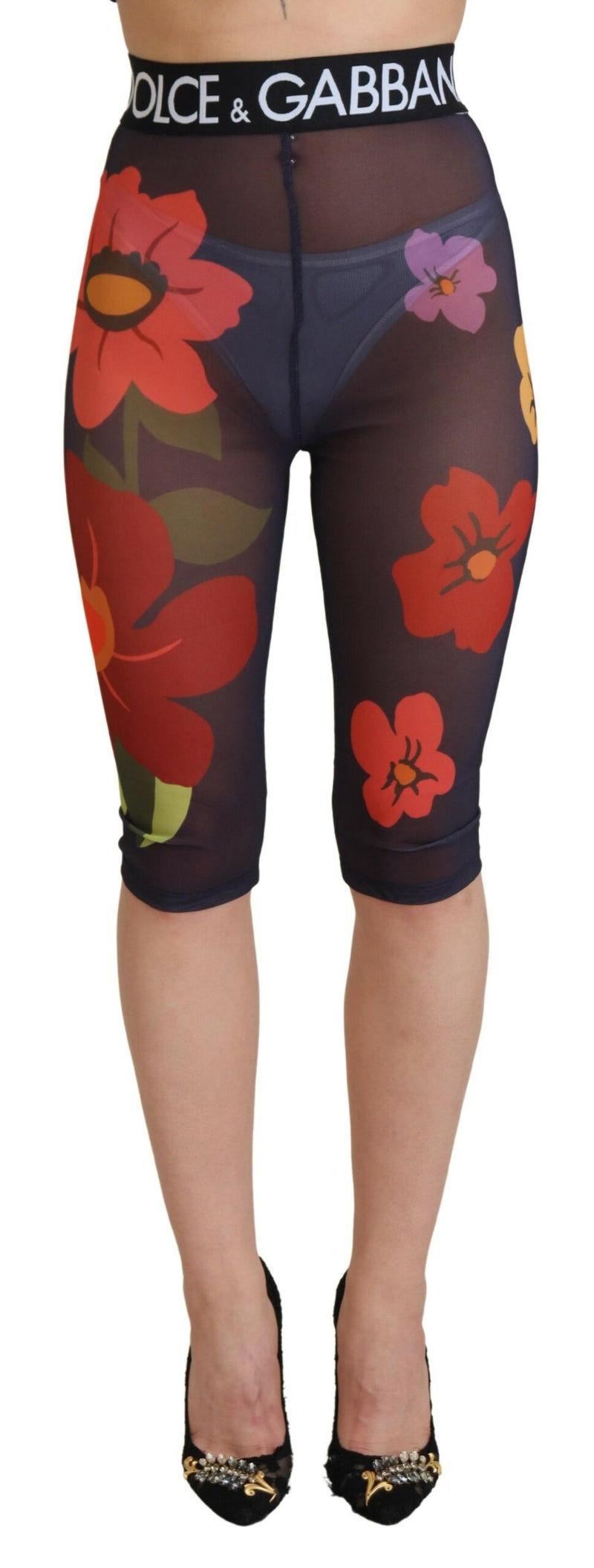 Leggings floreali neri a vita elasticizzata Dolce & Gabbana