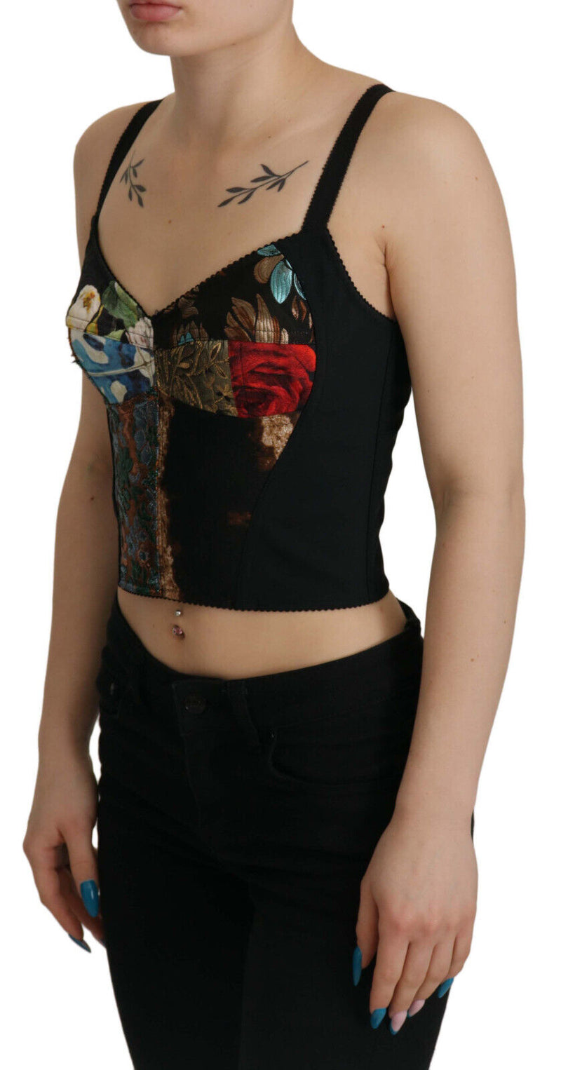 Dolce & Gabbana Top corto a corsetto in patchwork nero Sicily
