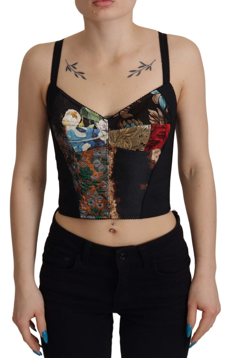 Dolce & Gabbana Top corto a corsetto in patchwork nero Sicily