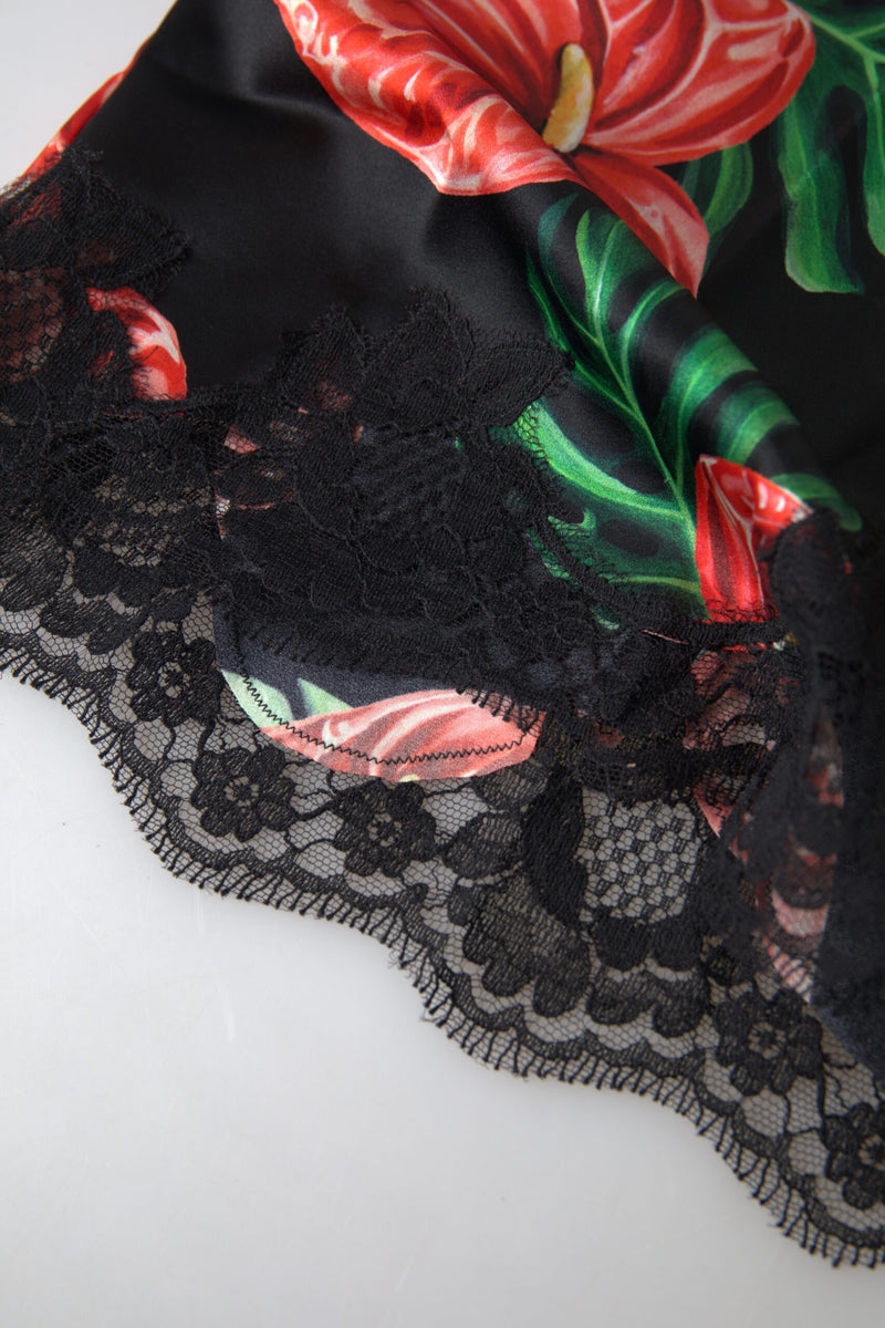 Top camisola preto de seda com estampa de antúrio Dolce & Gabbana