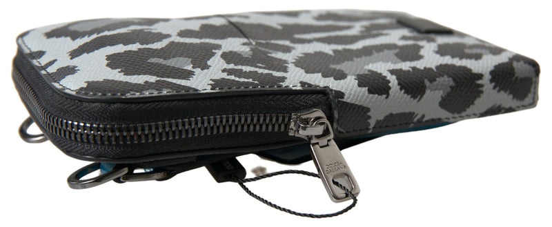 Borsa a tracolla per telefono da uomo in pelle grigia con stampa leopardata Dolce & Gabbana