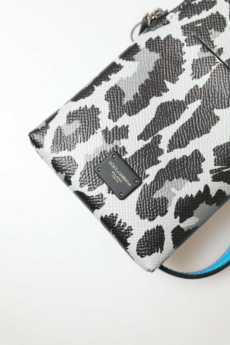 Borsa a tracolla per telefono da uomo in pelle grigia con stampa leopardata Dolce & Gabbana