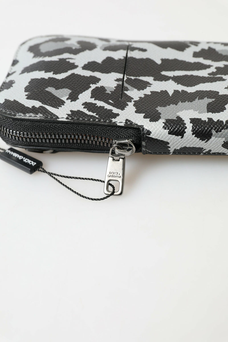 Borsa a tracolla per telefono da uomo in pelle grigia con stampa leopardata Dolce & Gabbana