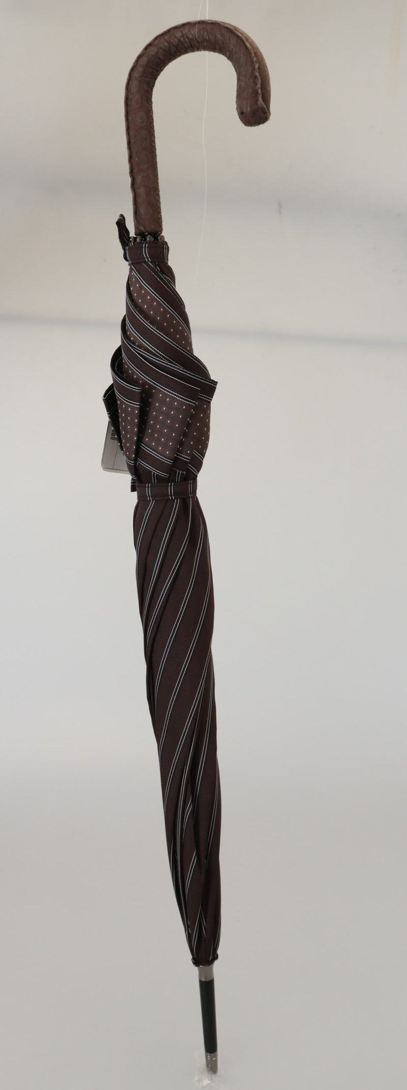 Ombrello pieghevole Sartoria marrone a righe con manico in pelle Dolce & Gabbana