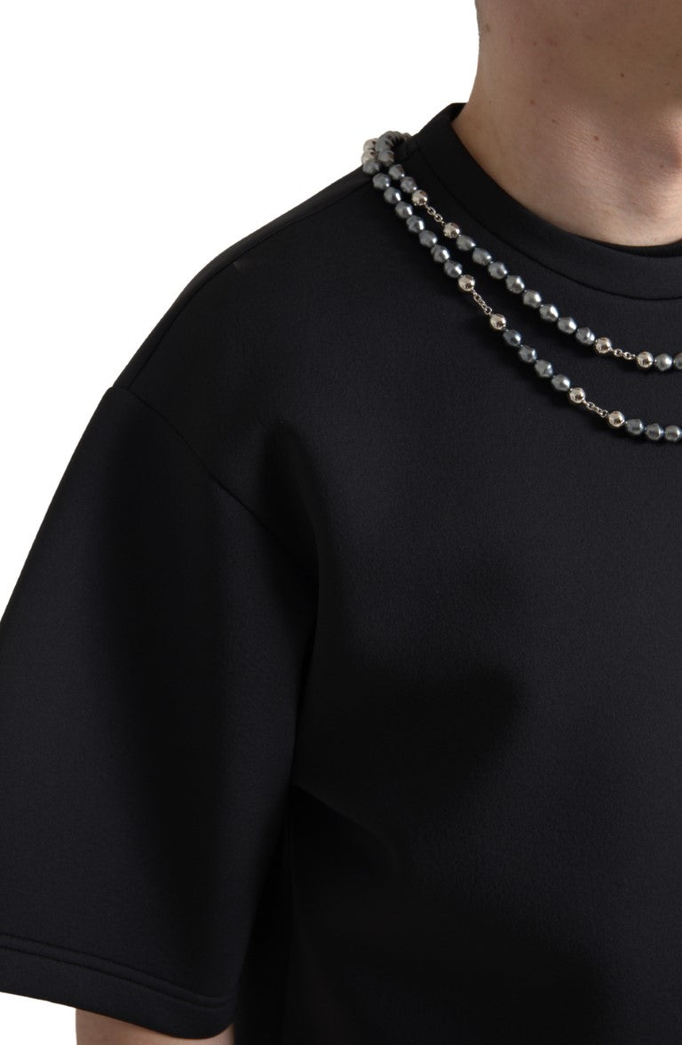 Camiseta preta de poliéster com colar Dolce & Gabbana