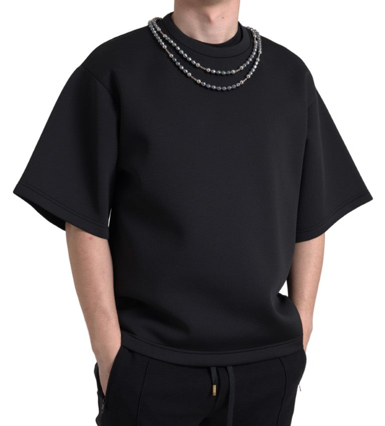 Camiseta preta de poliéster com colar Dolce & Gabbana