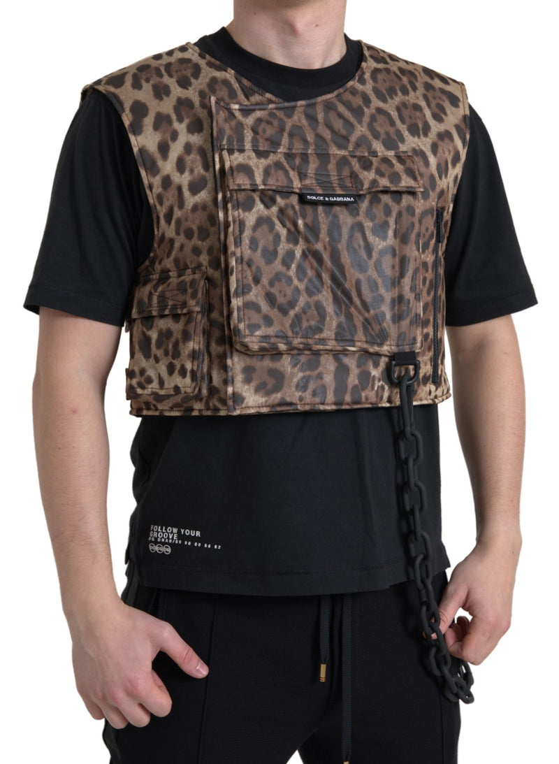 Roupa esportiva sem mangas de seda marrom com estampa de leopardo Dolce & Gabbana