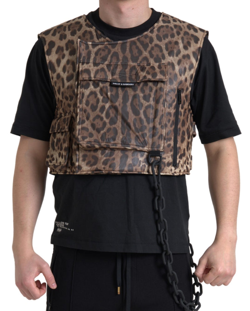 Roupa esportiva sem mangas de seda marrom com estampa de leopardo Dolce & Gabbana