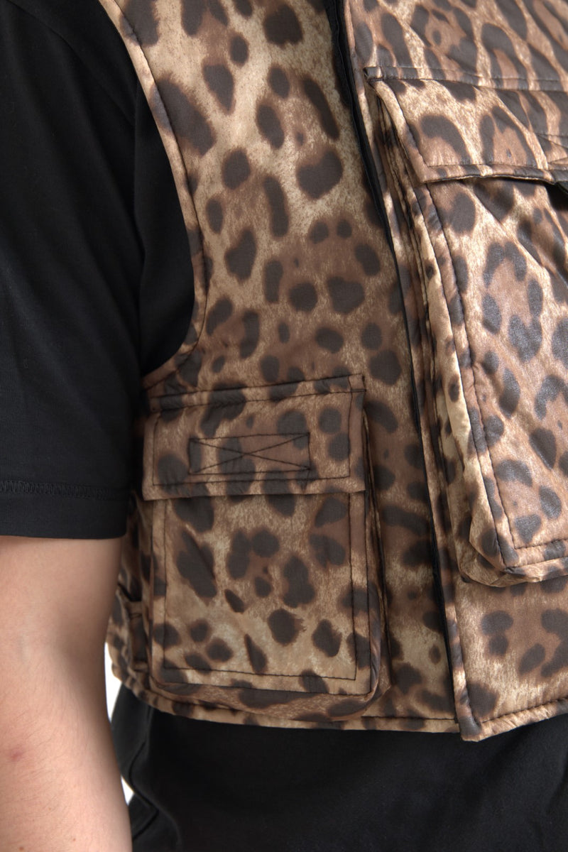 Roupa esportiva sem mangas de seda marrom com estampa de leopardo Dolce & Gabbana