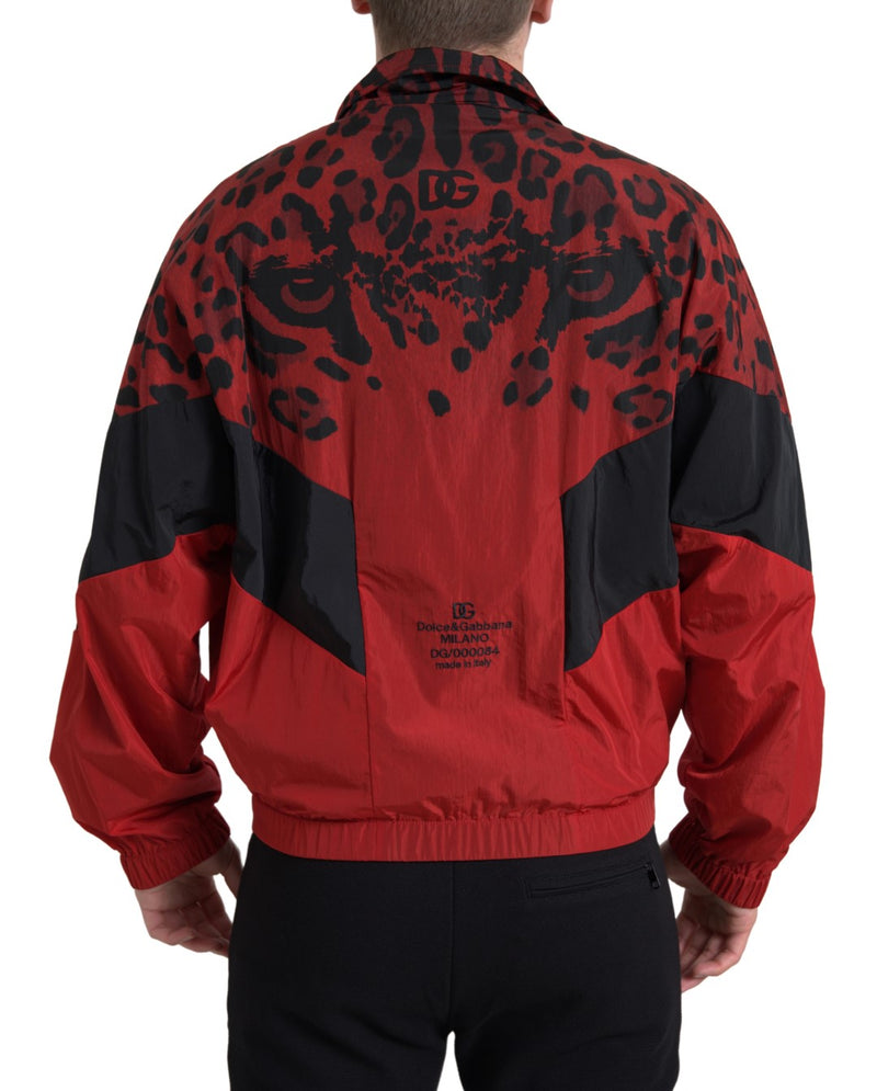 Suéter Dolce & Gabbana vermelho com estampa de leopardo em náilon e zíper frontal