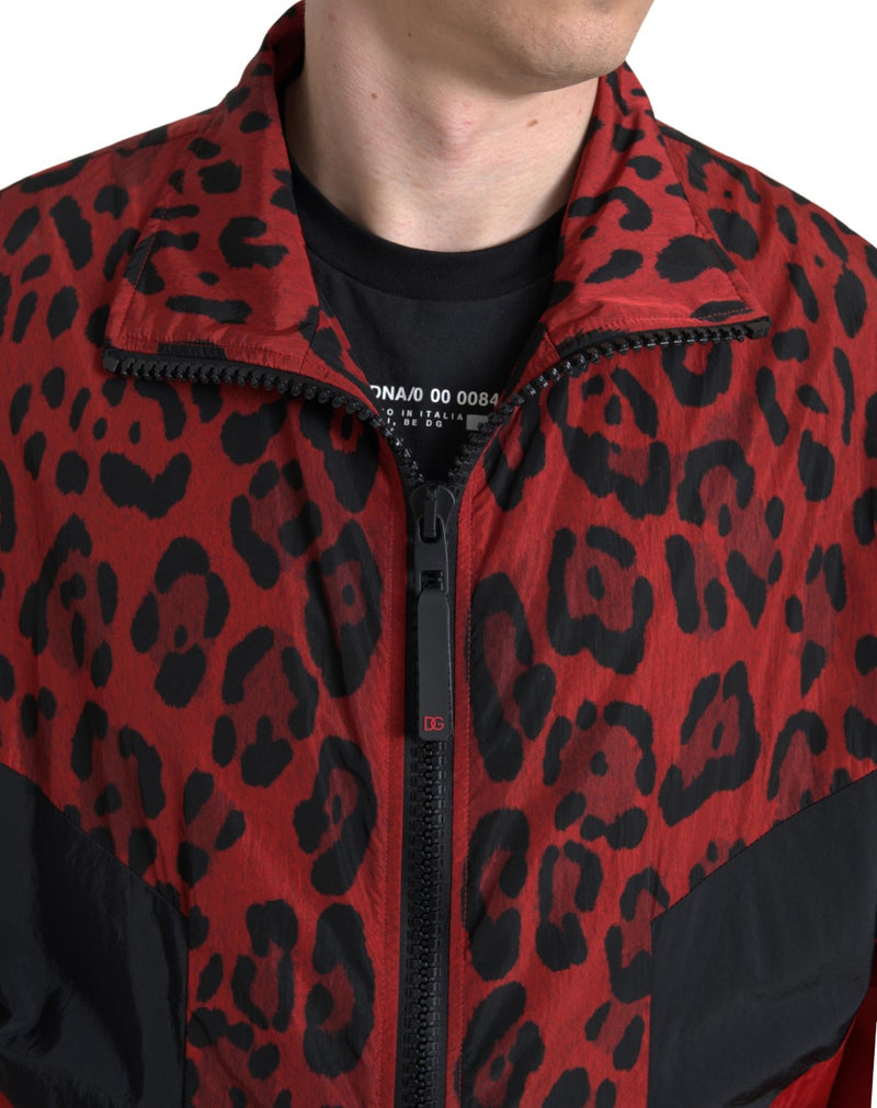 Suéter Dolce & Gabbana vermelho com estampa de leopardo em náilon e zíper frontal