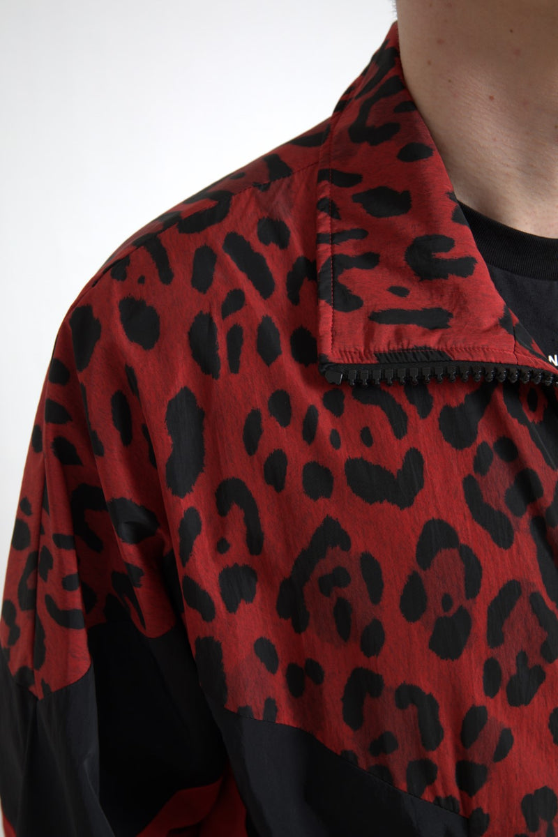 Suéter Dolce & Gabbana vermelho com estampa de leopardo em náilon e zíper frontal