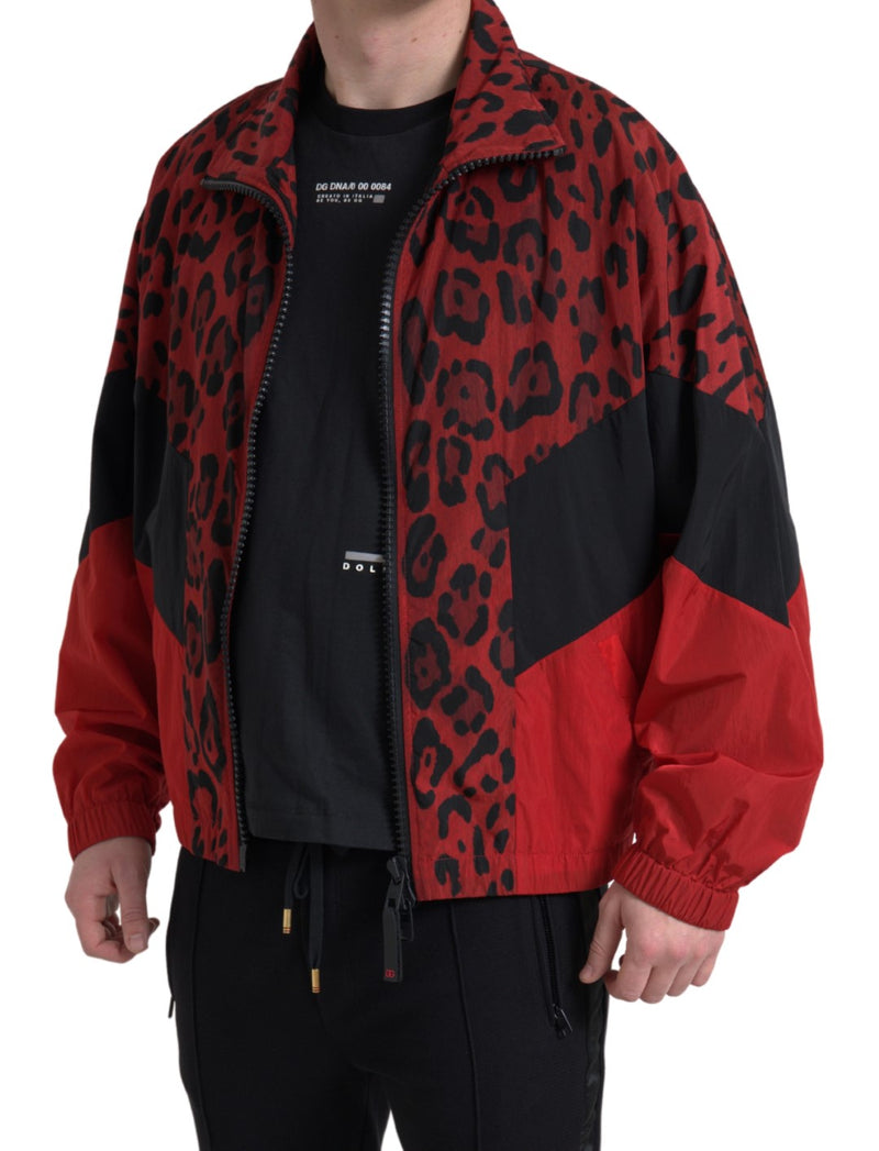 Suéter Dolce & Gabbana vermelho com estampa de leopardo em náilon e zíper frontal